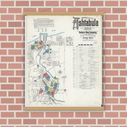 Old map wall art mockup — magnetic wood frame on brick wall — Sanborn Fire Insurance Map from Ashtabula, Ashtabula County, Ohio (1903) - Complete Map Set