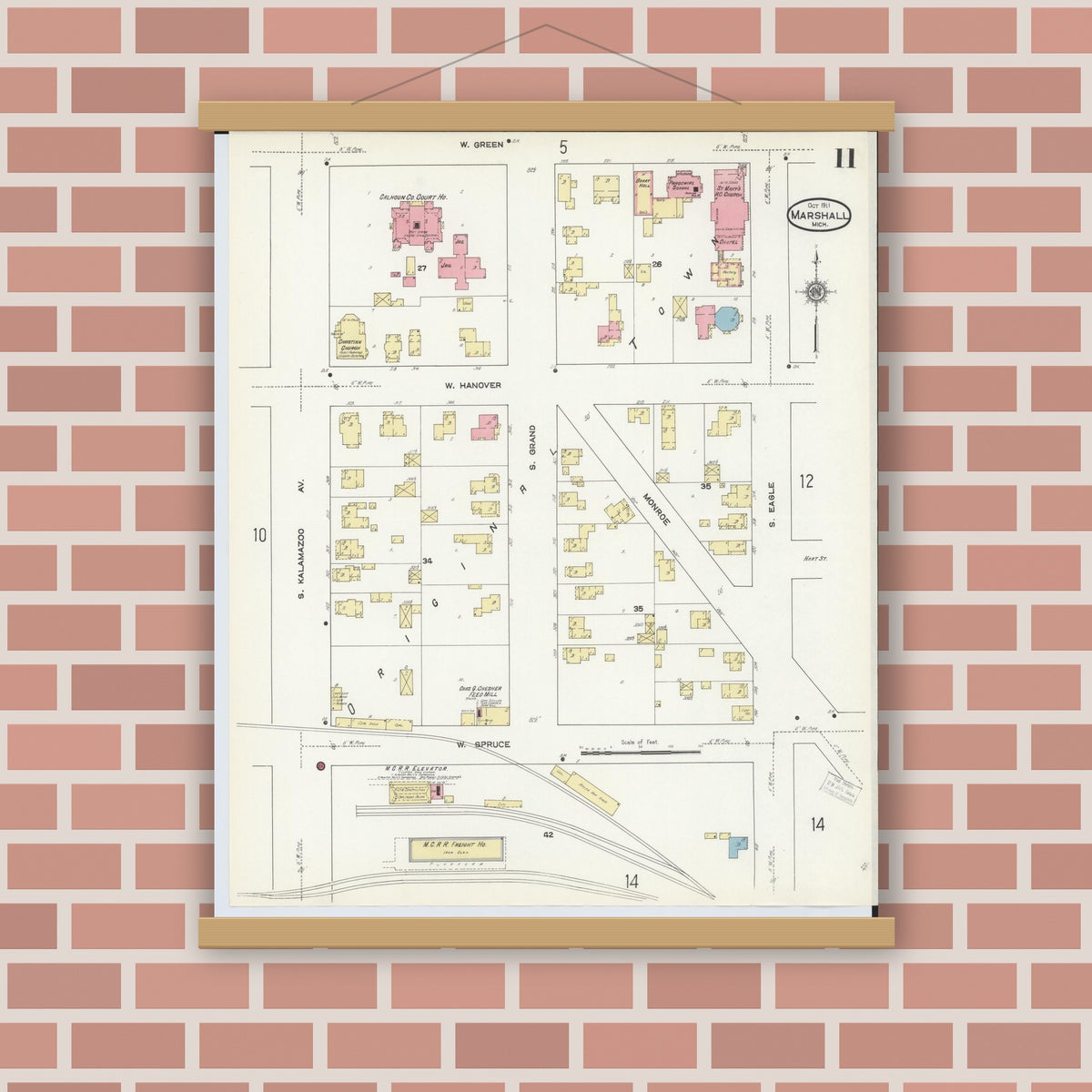 Old map wall art mockup — magnetic wood frame on brick wall — Sanborn Fire Insurance Map from Marshall, Calhoun County, Michigan (1911), Sheet #0011