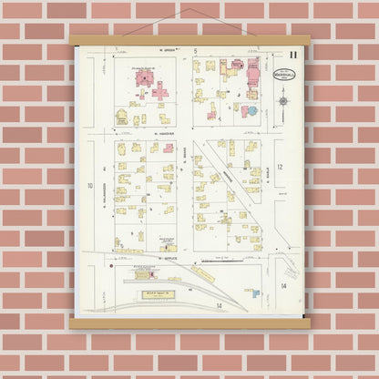 Old map wall art mockup — magnetic wood frame on brick wall — Sanborn Fire Insurance Map from Marshall, Calhoun County, Michigan (1911), Sheet #0011