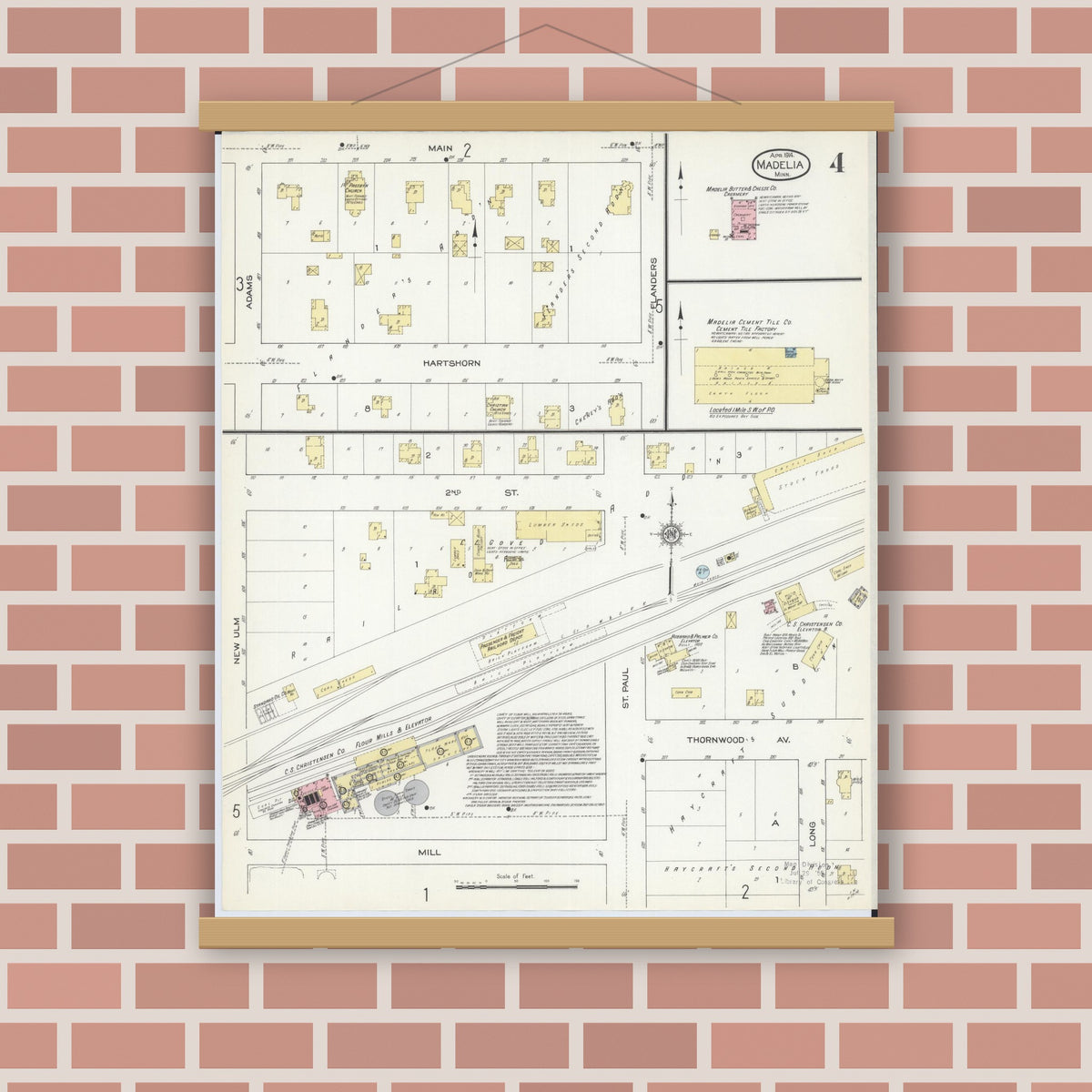 Old map wall art mockup — magnetic wood frame on brick wall — Sanborn Fire Insurance Map from Madelia, Watonwan County, Minnesota (1914), Sheet #0004