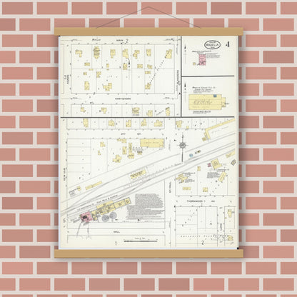 Old map wall art mockup — magnetic wood frame on brick wall — Sanborn Fire Insurance Map from Madelia, Watonwan County, Minnesota (1914), Sheet #0004