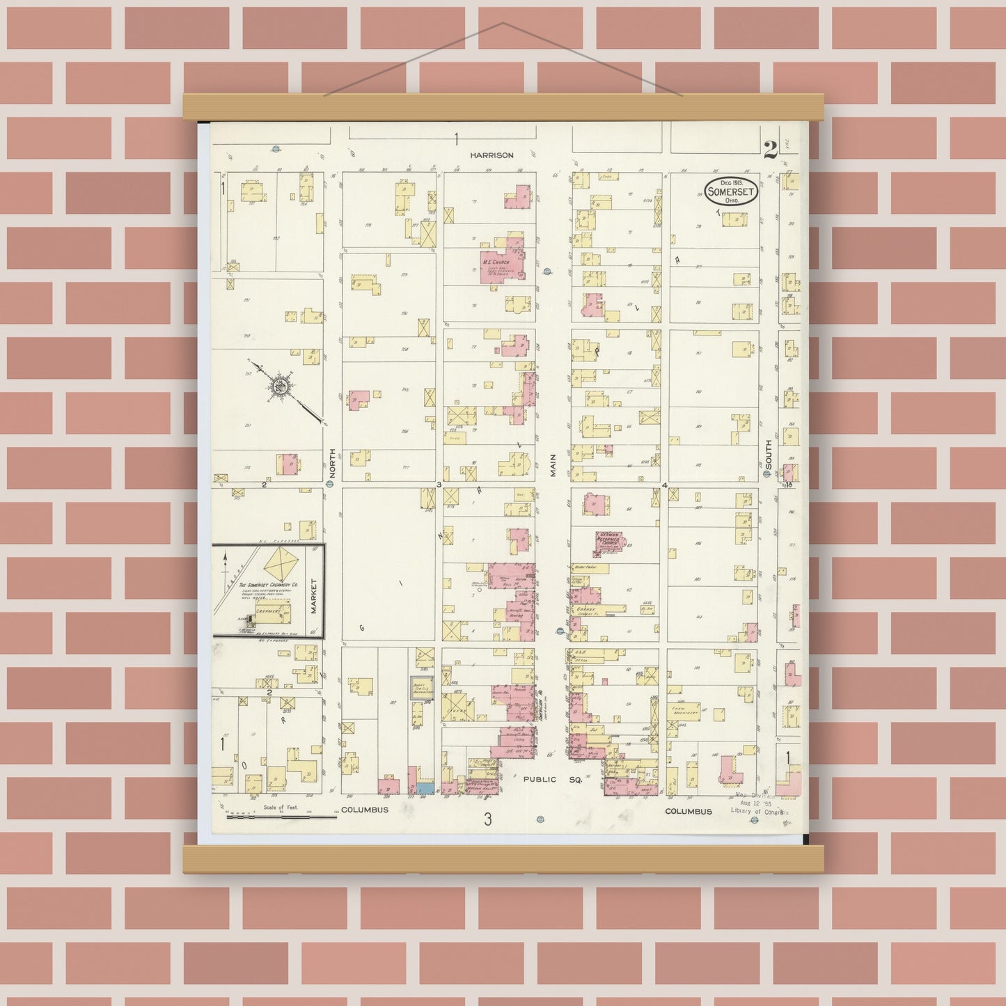Old map wall art mockup — magnetic wood frame on brick wall — Sanborn Fire Insurance Map from Somerset, Perry County, Ohio (1913), Sheet #0002