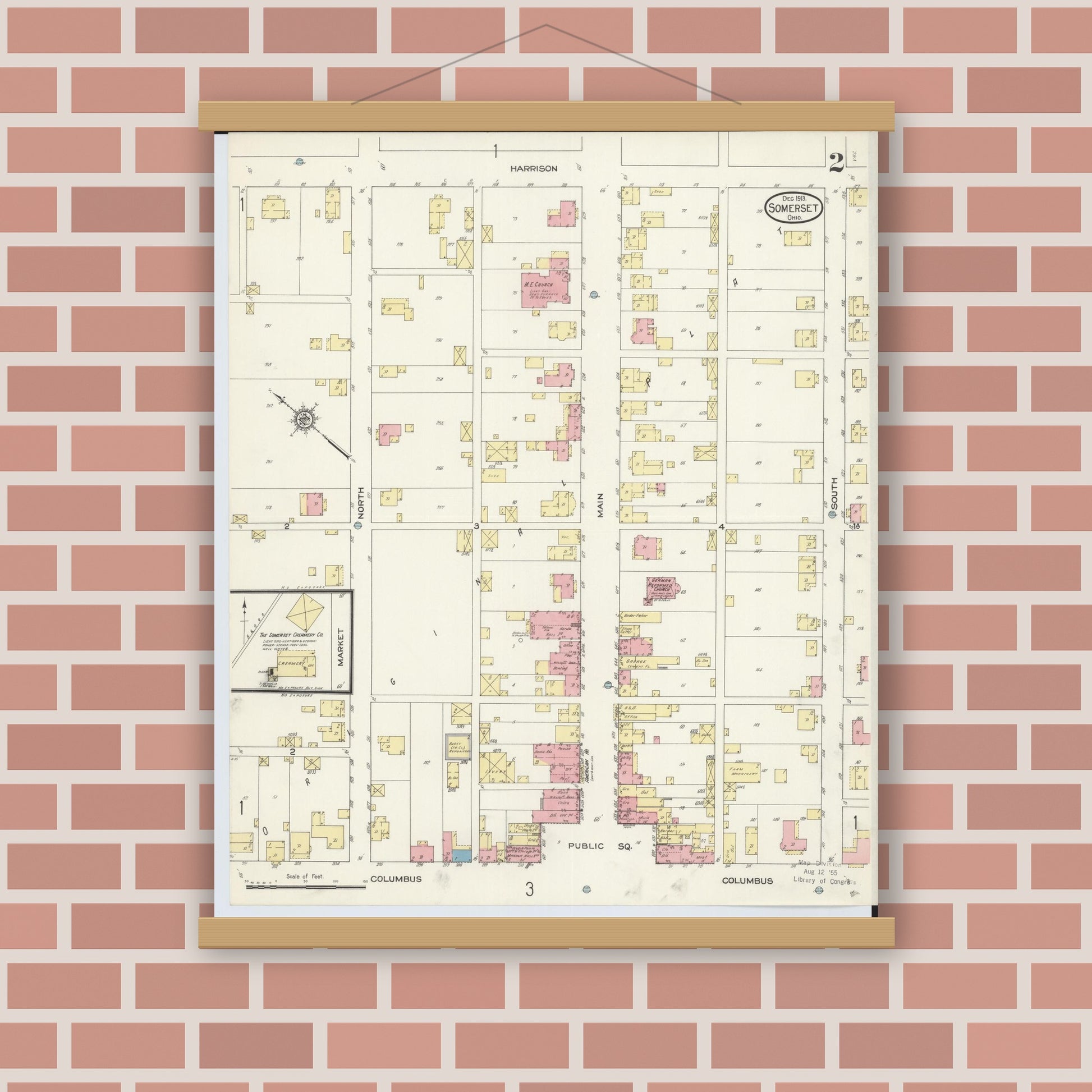 Old map wall art mockup — magnetic wood frame on brick wall — Sanborn Fire Insurance Map from Somerset, Perry County, Ohio (1913), Sheet #0002