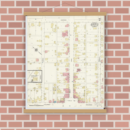 Old map wall art mockup — magnetic wood frame on brick wall — Sanborn Fire Insurance Map from Somerset, Perry County, Ohio (1913), Sheet #0002