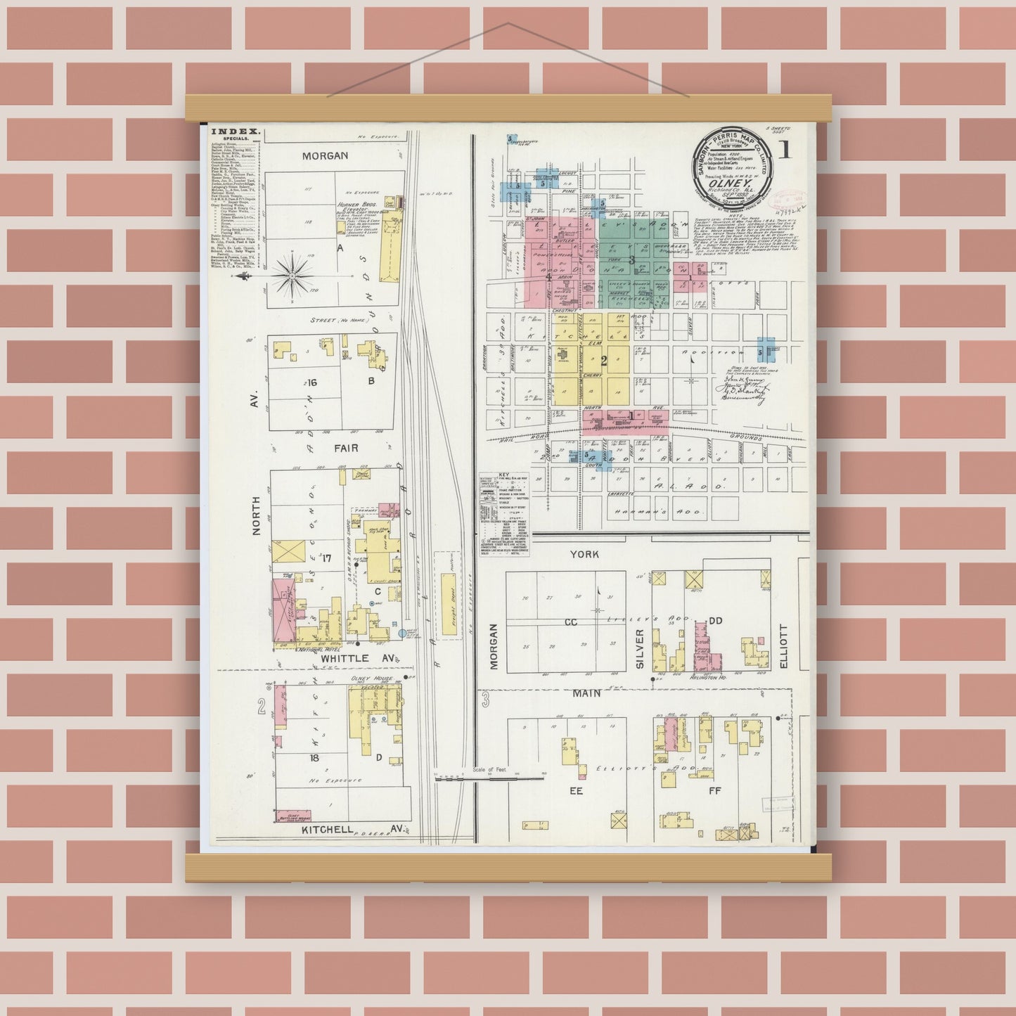 Old map wall art mockup — magnetic wood frame on brick wall — Sanborn Fire Insurance Map from Olney, Richland County, Illinois (1892) - Complete Map Set