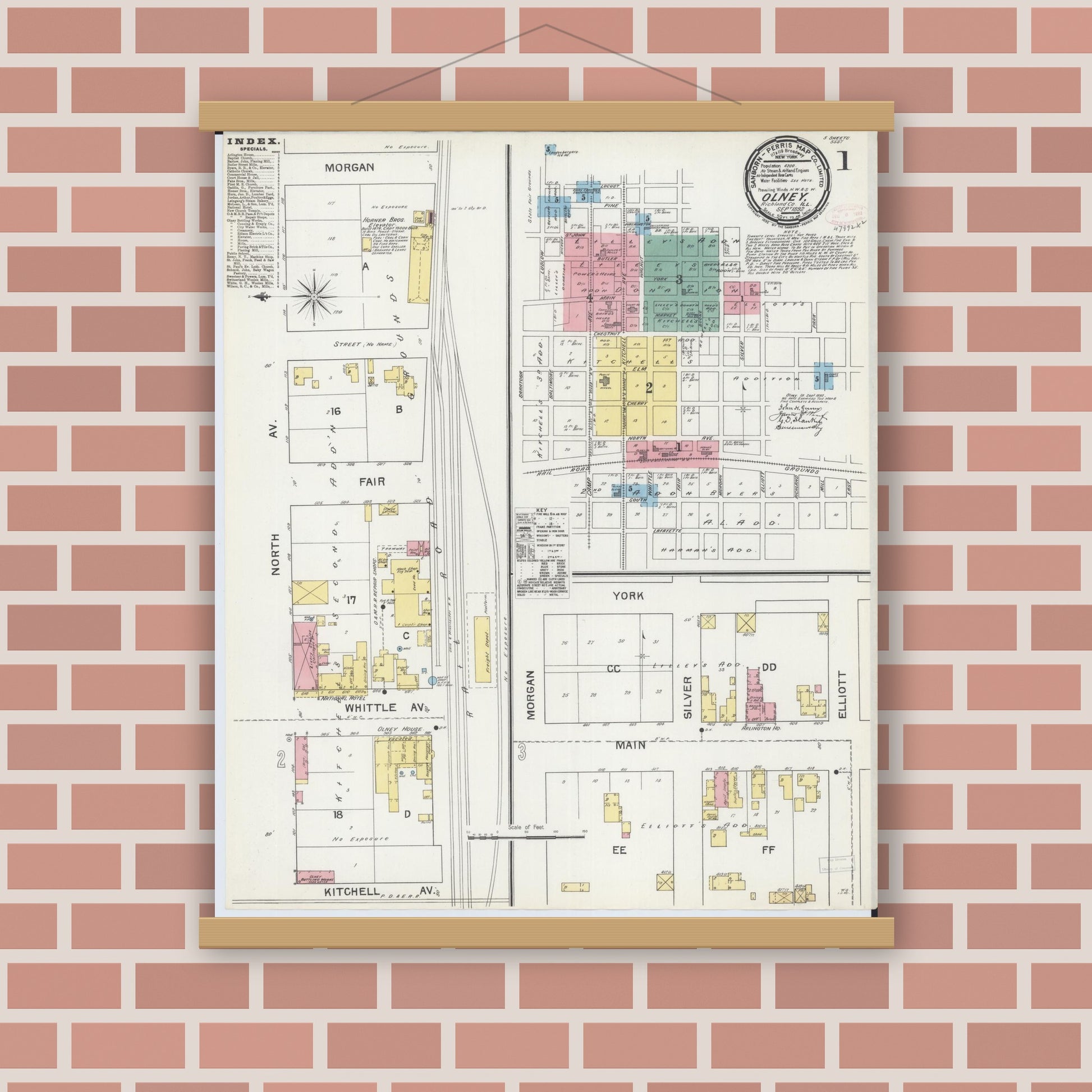 Old map wall art mockup — magnetic wood frame on brick wall — Sanborn Fire Insurance Map from Olney, Richland County, Illinois (1892) - Complete Map Set