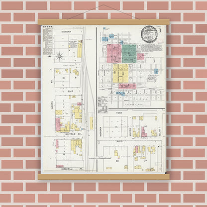 Old map wall art mockup — magnetic wood frame on brick wall — Sanborn Fire Insurance Map from Olney, Richland County, Illinois (1892) - Complete Map Set