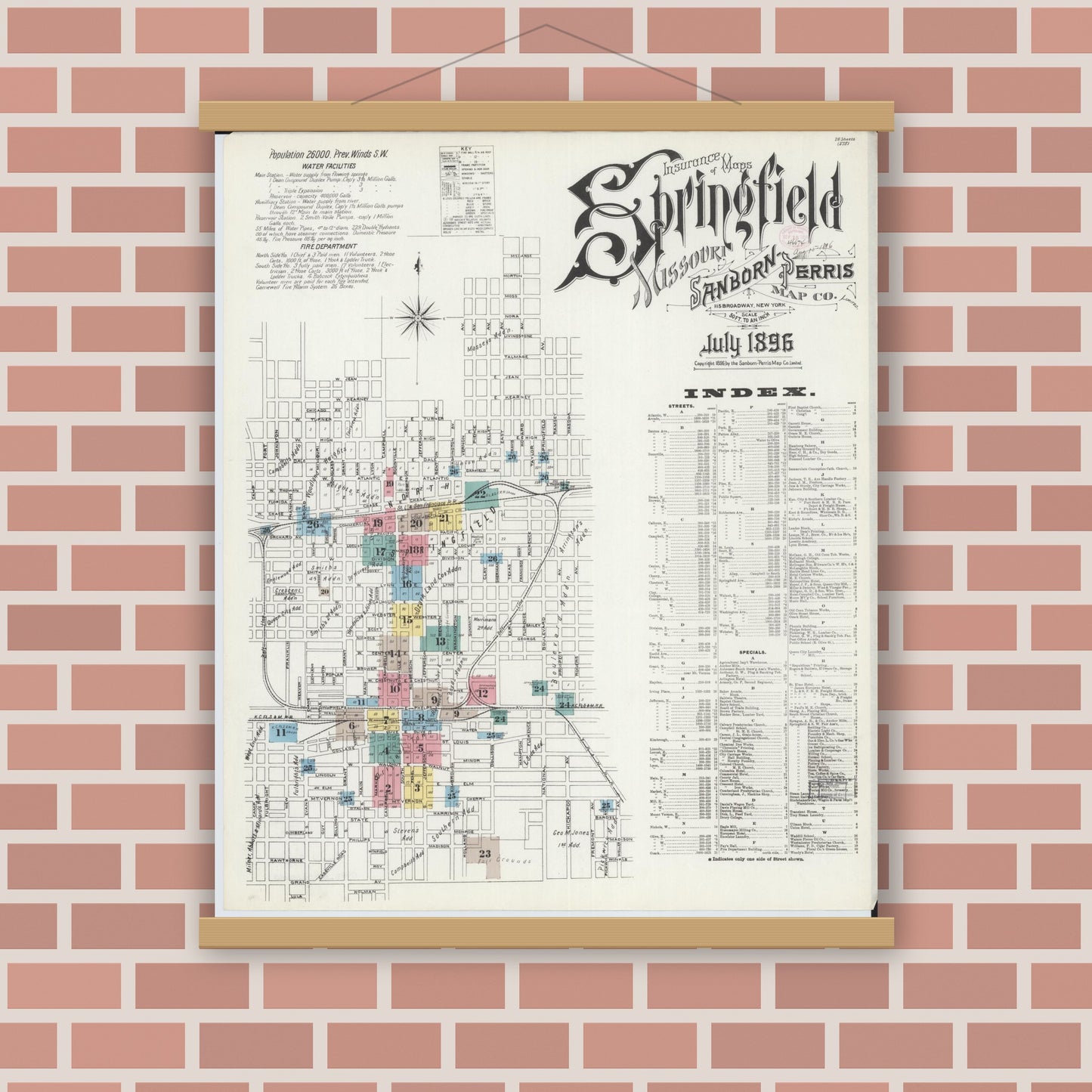 Old map wall art mockup — magnetic wood frame on brick wall — Sanborn Fire Insurance Map from Springfield, Greene County, Missouri (1896) - Complete Map Set