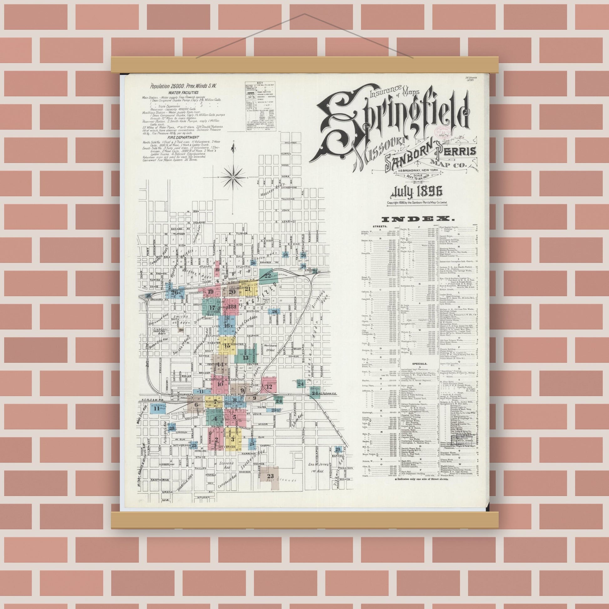 Old map wall art mockup — magnetic wood frame on brick wall — Sanborn Fire Insurance Map from Springfield, Greene County, Missouri (1896) - Complete Map Set
