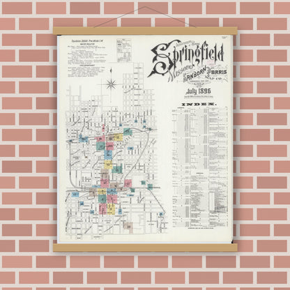 Old map wall art mockup — magnetic wood frame on brick wall — Sanborn Fire Insurance Map from Springfield, Greene County, Missouri (1896) - Complete Map Set