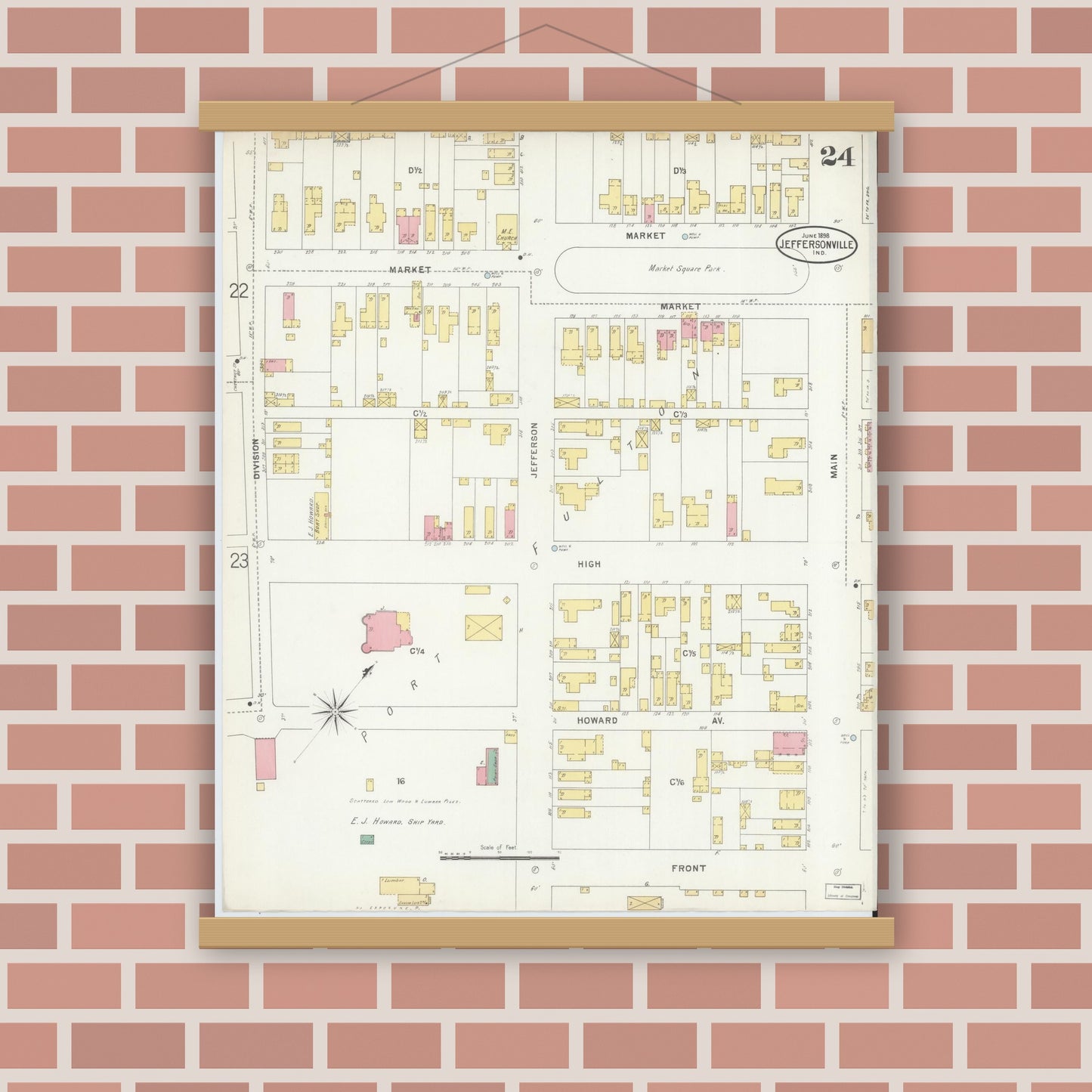 Old map wall art mockup — magnetic wood frame on brick wall — Sanborn Fire Insurance Map from Jeffersonville, Clark County, Indiana (1898), Sheet #0024