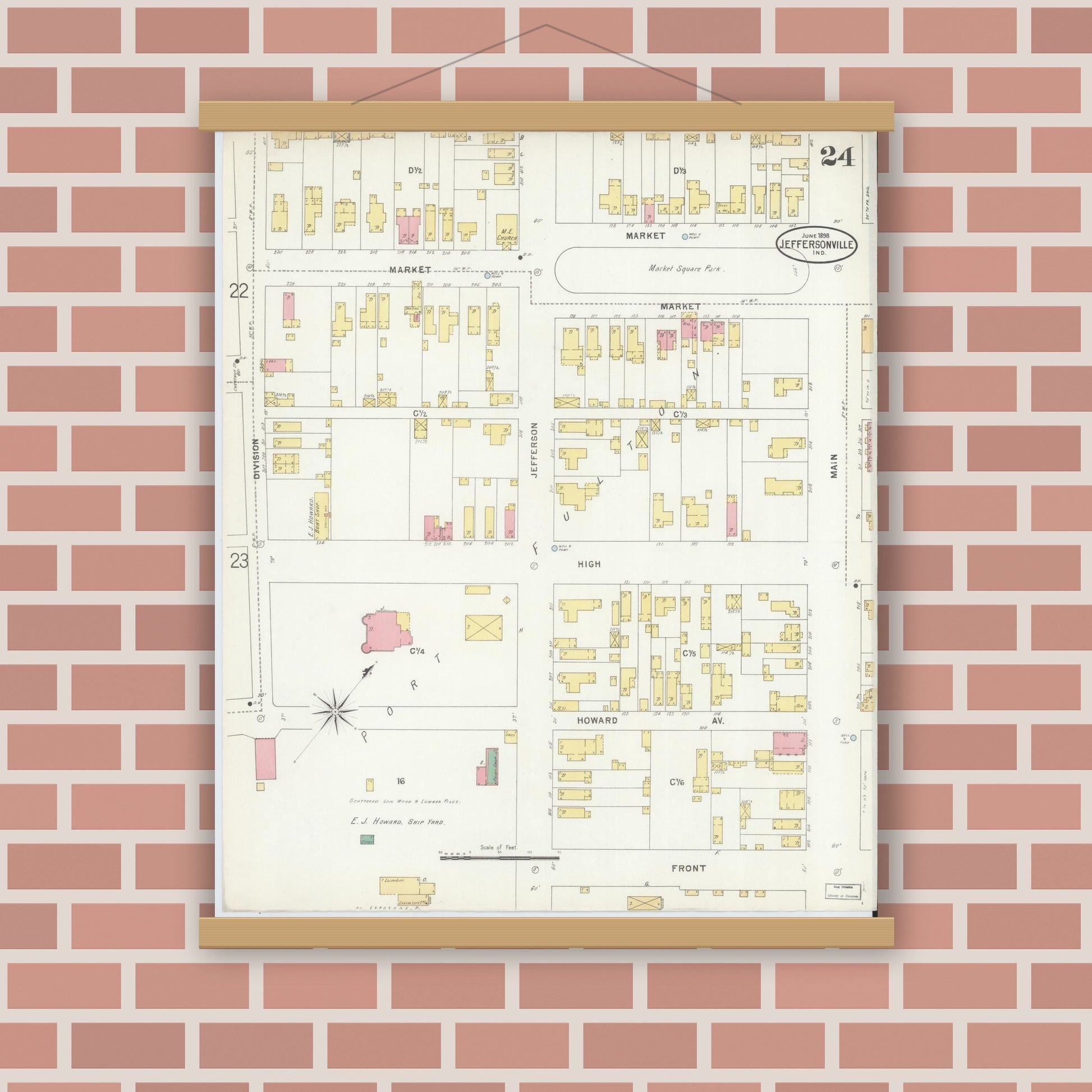 Old map wall art mockup — magnetic wood frame on brick wall — Sanborn Fire Insurance Map from Jeffersonville, Clark County, Indiana (1898), Sheet #0024