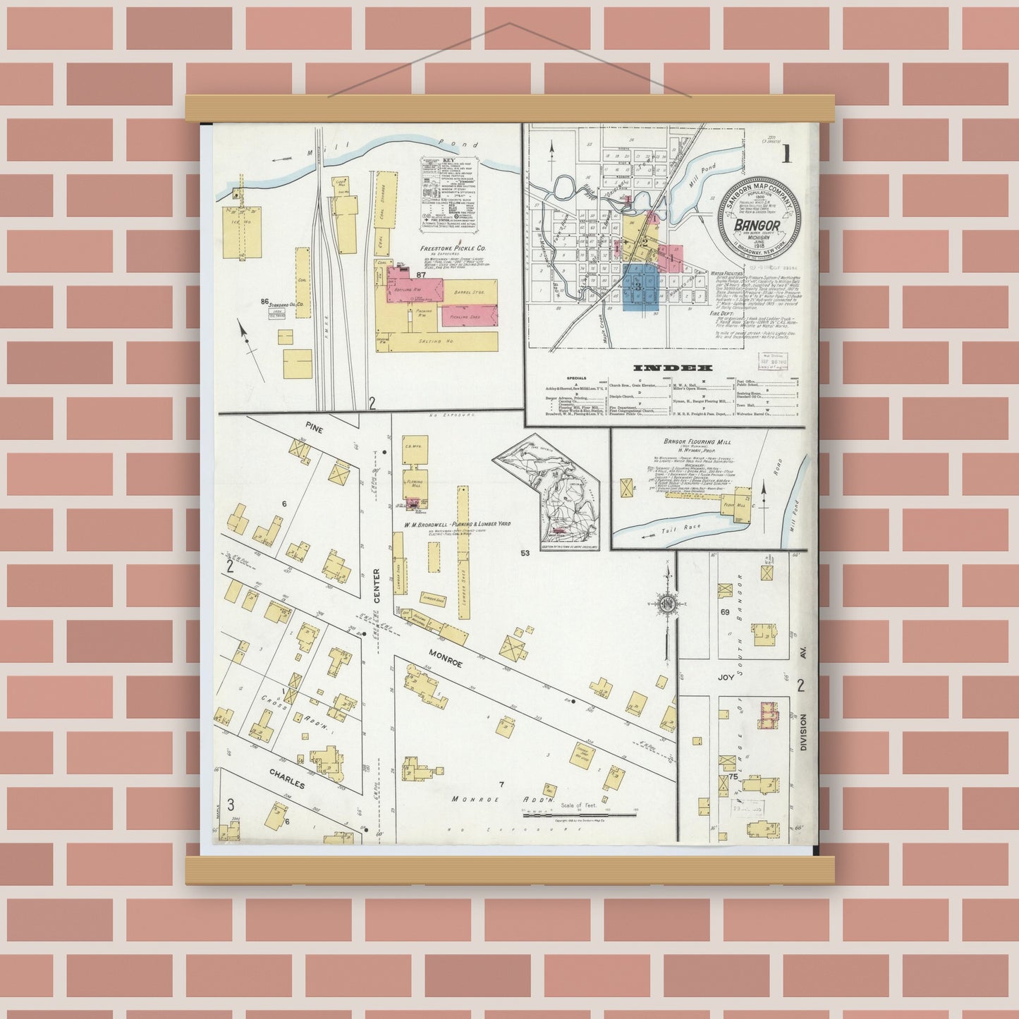 Old map wall art mockup — magnetic wood frame on brick wall — Sanborn Fire Insurance Map from Bangor, Van Buren County, Michigan (1918), Sheet #0001