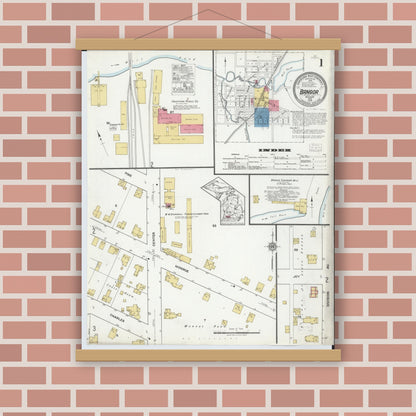 Old map wall art mockup — magnetic wood frame on brick wall — Sanborn Fire Insurance Map from Bangor, Van Buren County, Michigan (1918), Sheet #0001