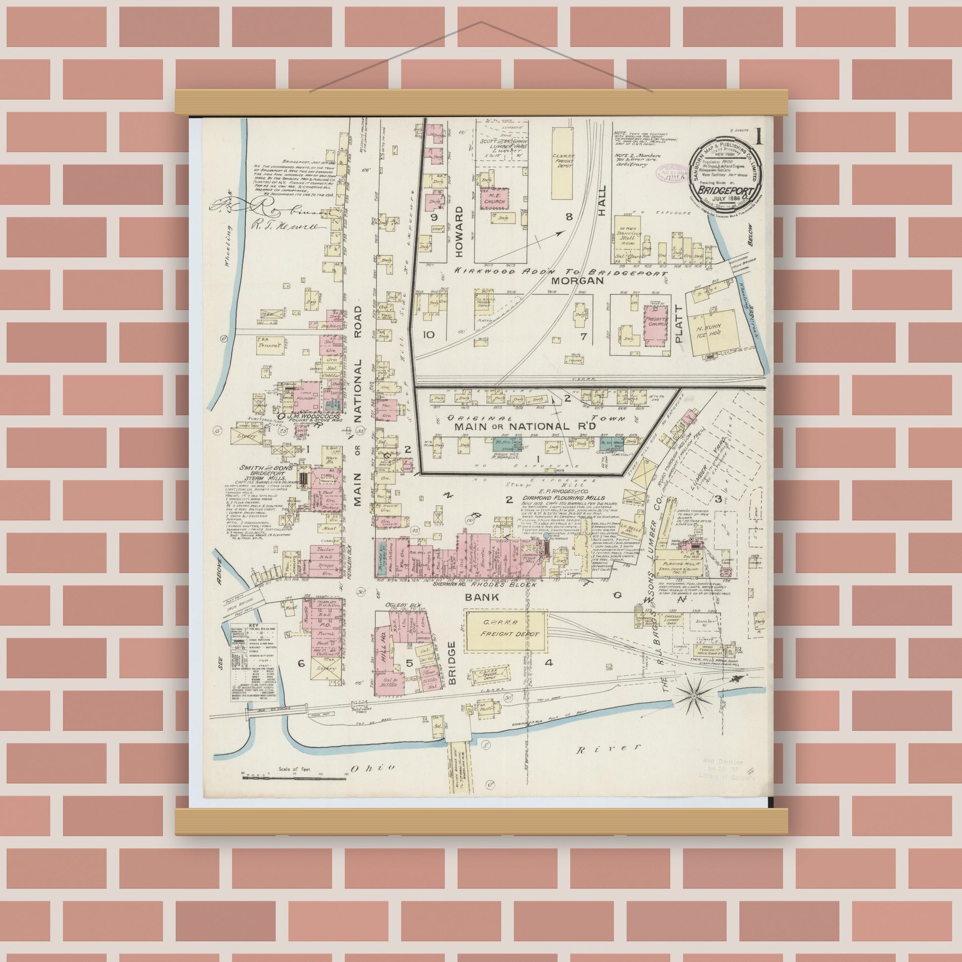 Old map wall art mockup — magnetic wood frame on brick wall — Sanborn Fire Insurance Map from Bridgeport, Belmont County, Ohio (1886) - Complete Map Set