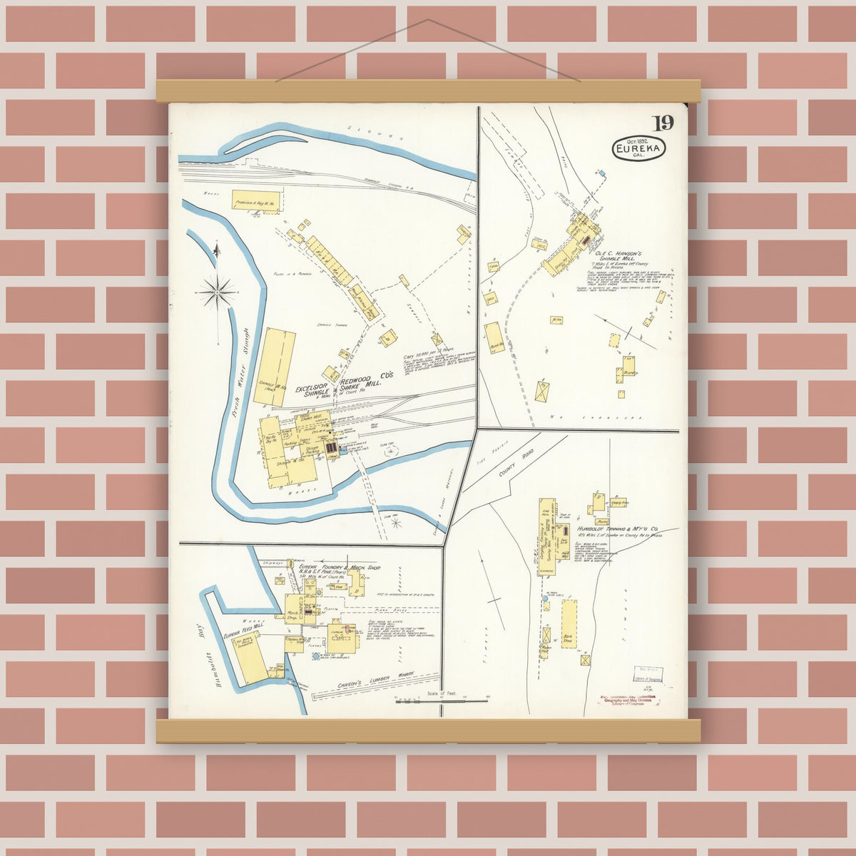 Old map wall art mockup — magnetic wood frame on brick wall — Sanborn Fire Insurance Map from Eureka, Humboldt County, California (1892), Sheet #0019