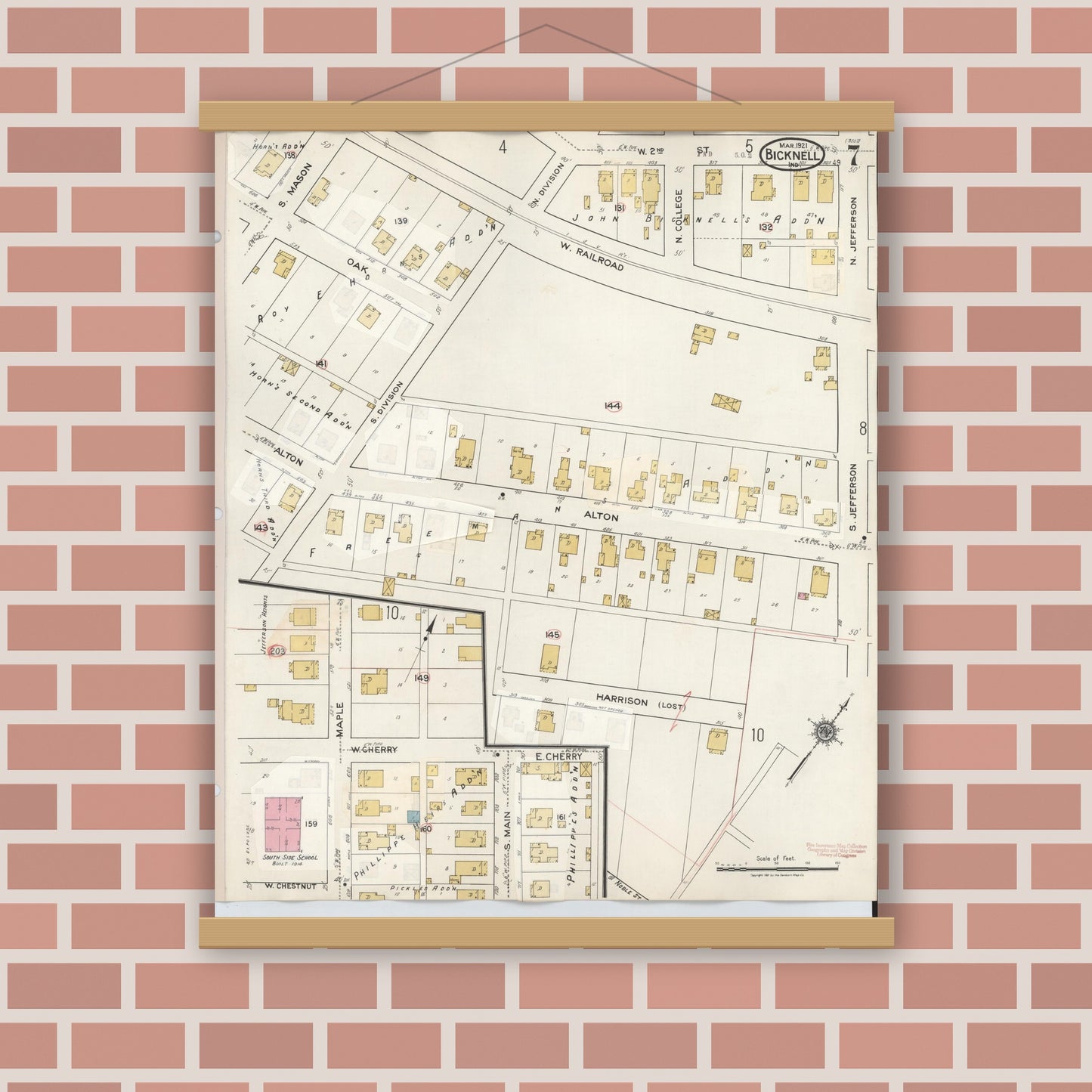 Old map wall art mockup — magnetic wood frame on brick wall — Sanborn Fire Insurance Map from Bicknell, Knox County, Indiana (1946), Sheet #0007