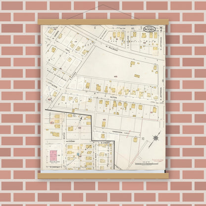 Old map wall art mockup — magnetic wood frame on brick wall — Sanborn Fire Insurance Map from Bicknell, Knox County, Indiana (1946), Sheet #0007