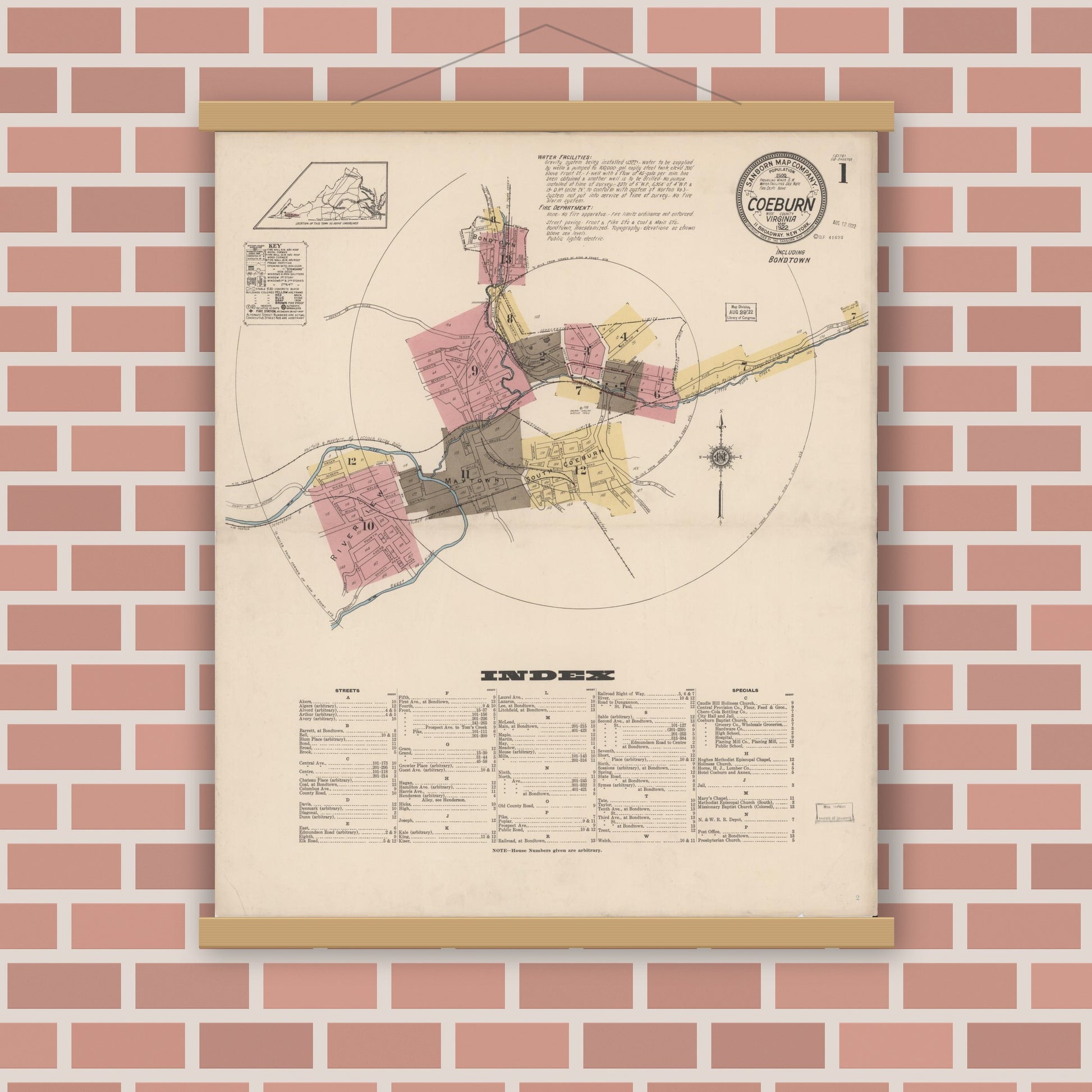 Old map wall art mockup — magnetic wood frame on brick wall — Sanborn Fire Insurance Map from Coeburn, Wise County, Virginia (1922) - Complete Map Set