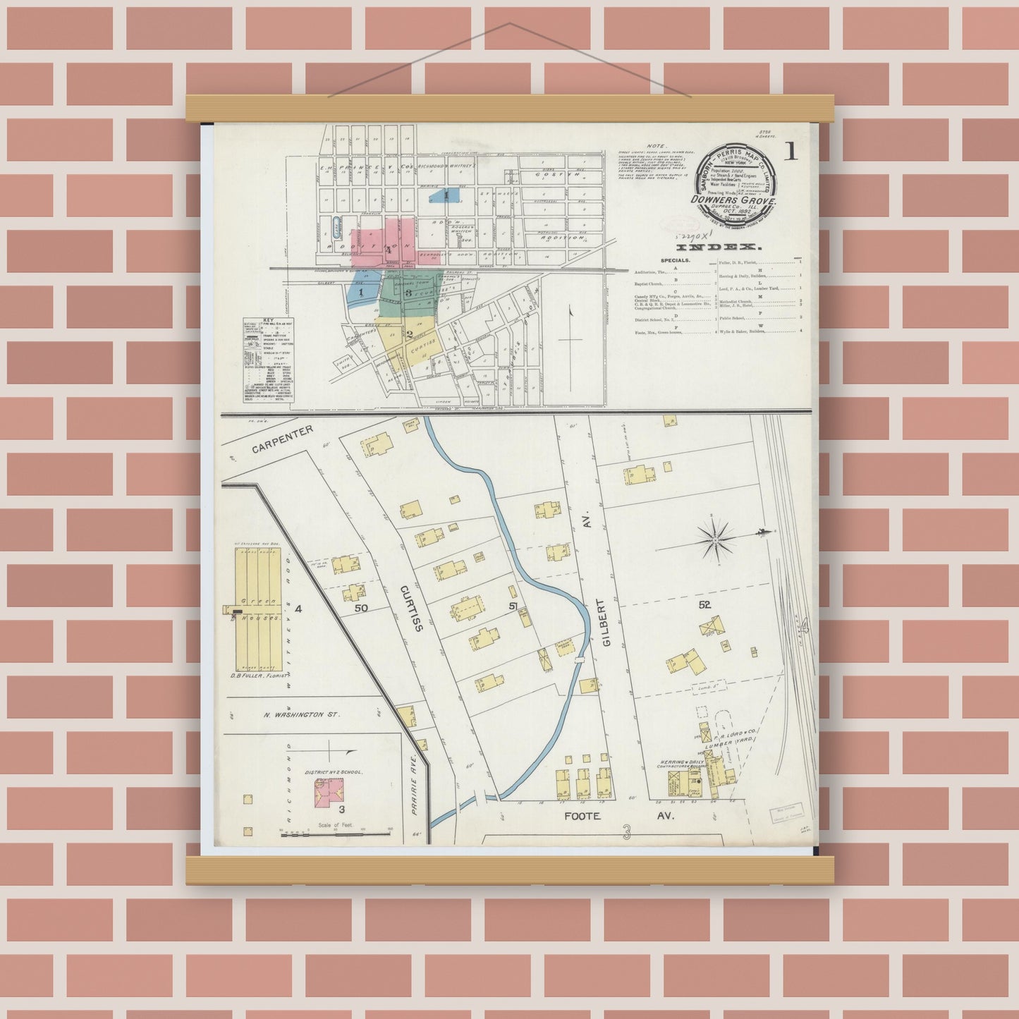Old map wall art mockup — magnetic wood frame on brick wall — Sanborn Fire Insurance Map from Downers Grove, Dupage County, Illinois (1892), Sheet #0001