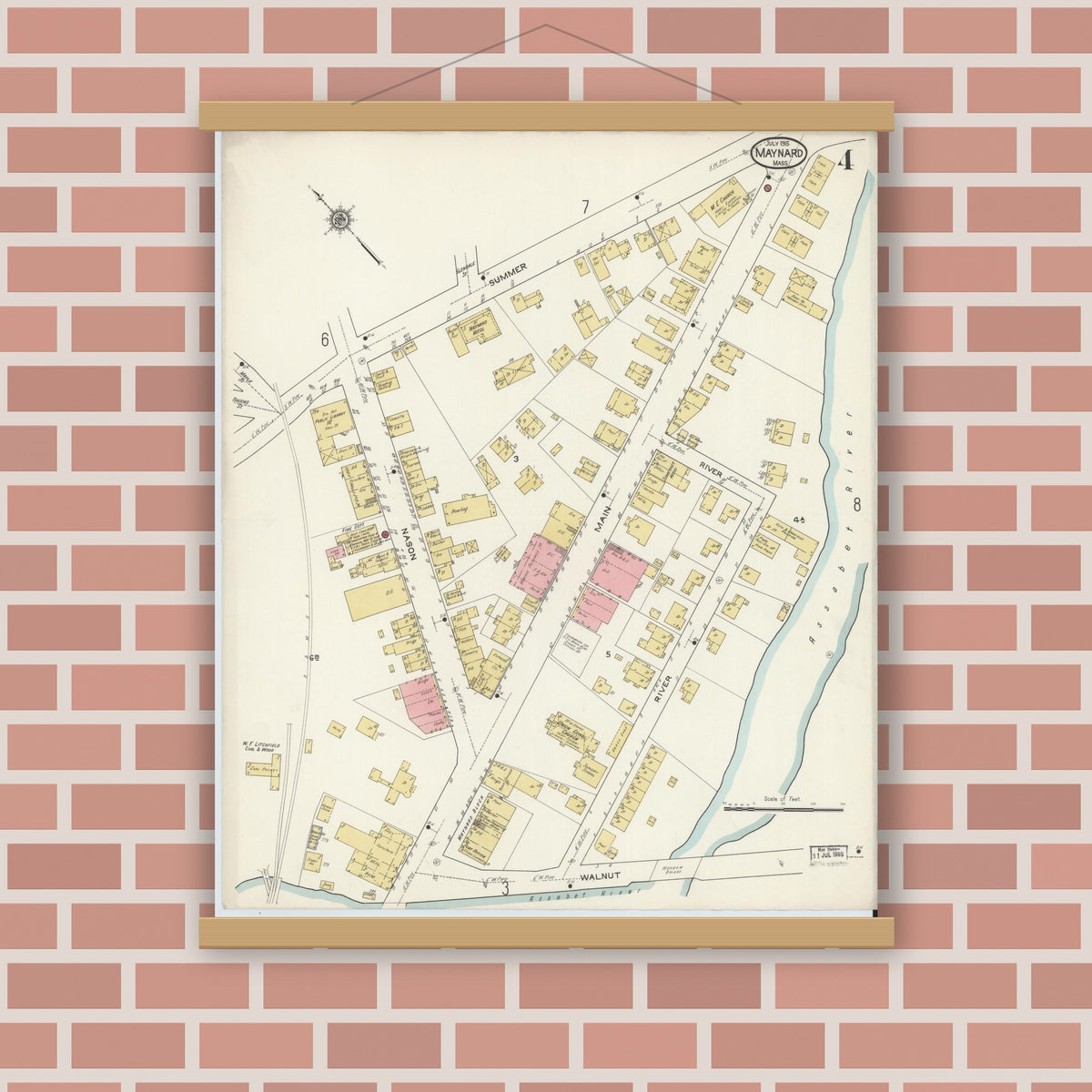 Old map wall art mockup — magnetic wood frame on brick wall — Sanborn Fire Insurance Map from Maynard, Middlesex County, Massachusetts (1915), Sheet #0004
