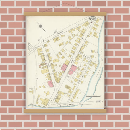 Old map wall art mockup — magnetic wood frame on brick wall — Sanborn Fire Insurance Map from Maynard, Middlesex County, Massachusetts (1915), Sheet #0004