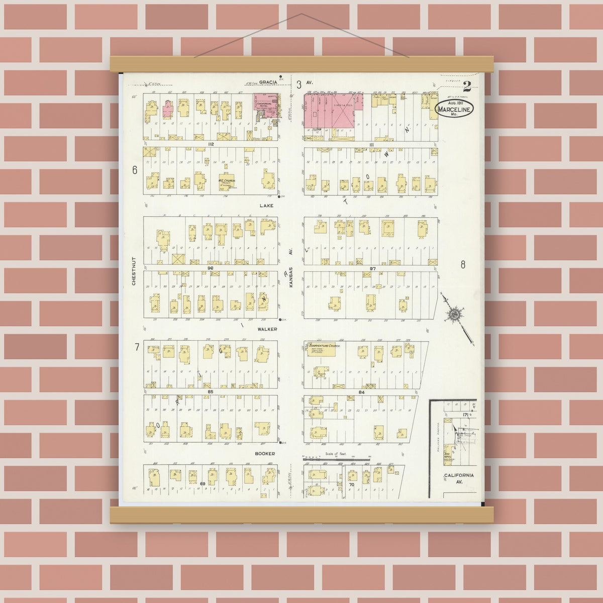 Old map wall art mockup — magnetic wood frame on brick wall — Sanborn Fire Insurance Map from Marceline, Linn County, Missouri (1911), Sheet #0002