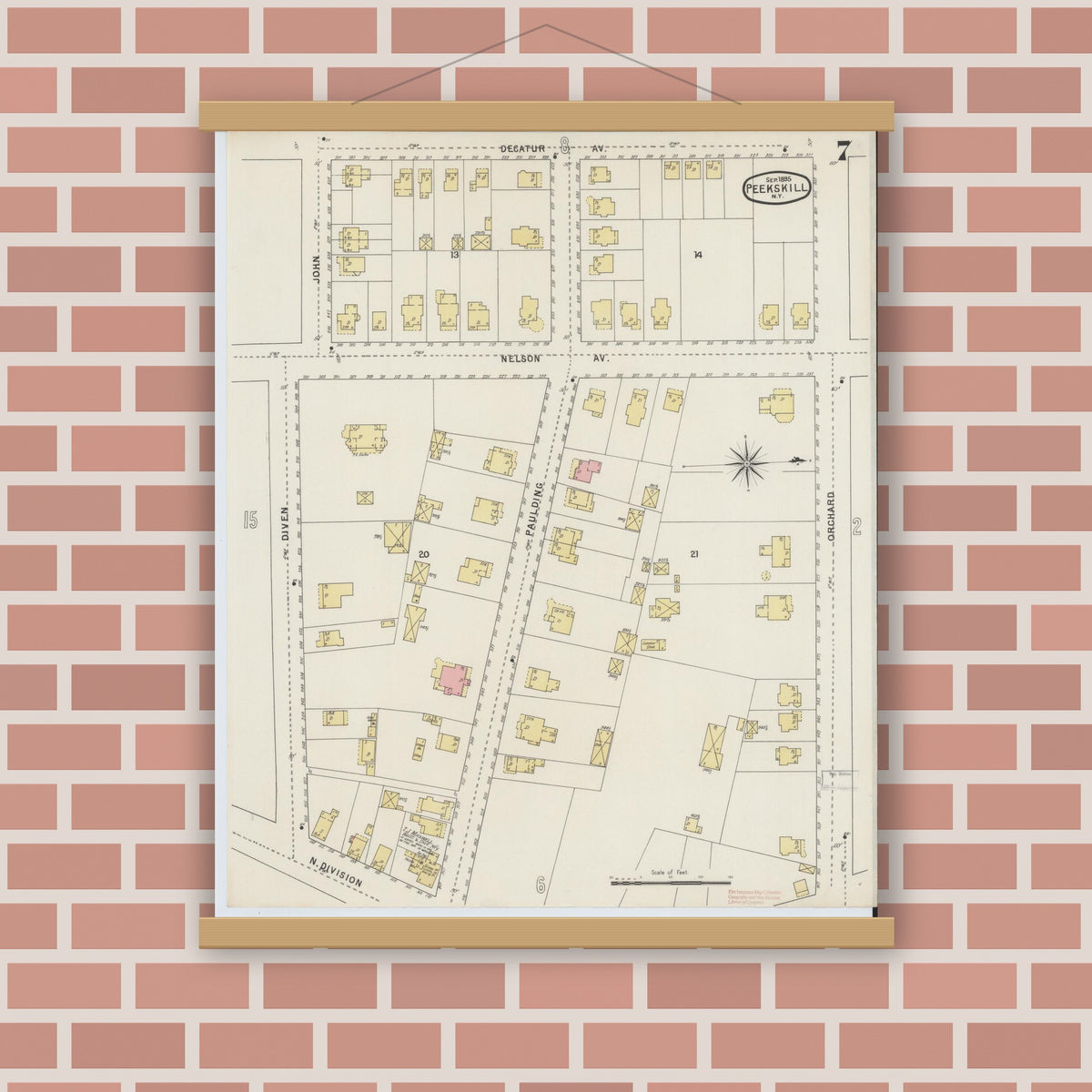 Old map wall art mockup — magnetic wood frame on brick wall — Sanborn Fire Insurance Map from Peekskill, Westchester County, New York (1895), Sheet #0007