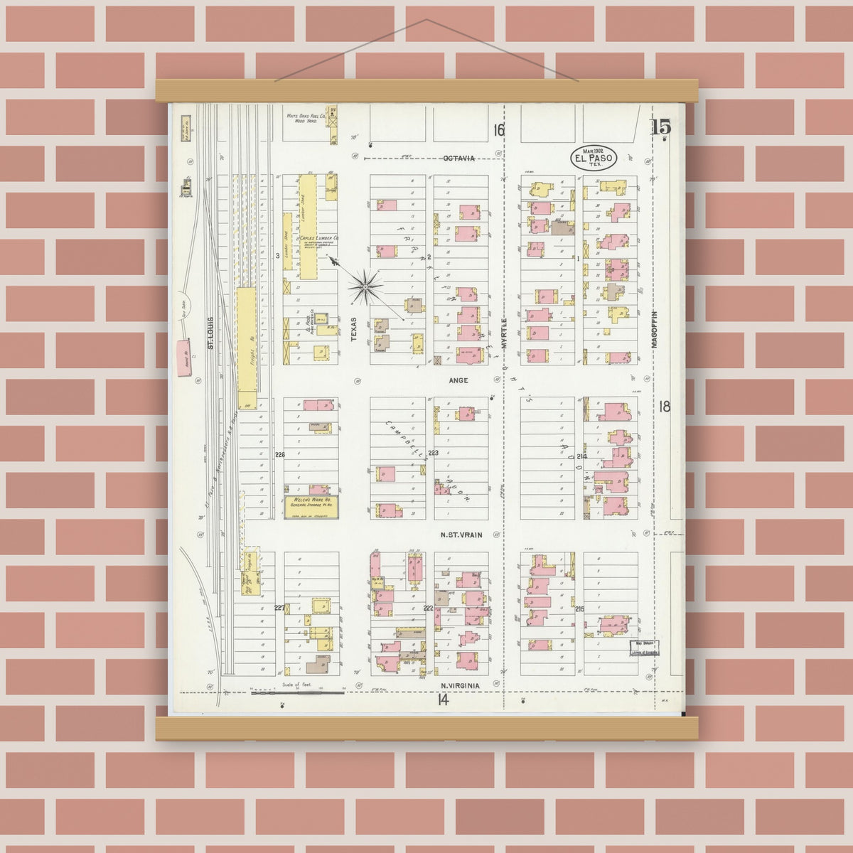 Old map wall art mockup — magnetic wood frame on brick wall — Sanborn Fire Insurance Map from El Paso, El Paso County, Texas (1902), Sheet #0015