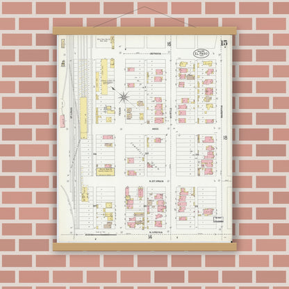 Old map wall art mockup — magnetic wood frame on brick wall — Sanborn Fire Insurance Map from El Paso, El Paso County, Texas (1902), Sheet #0015