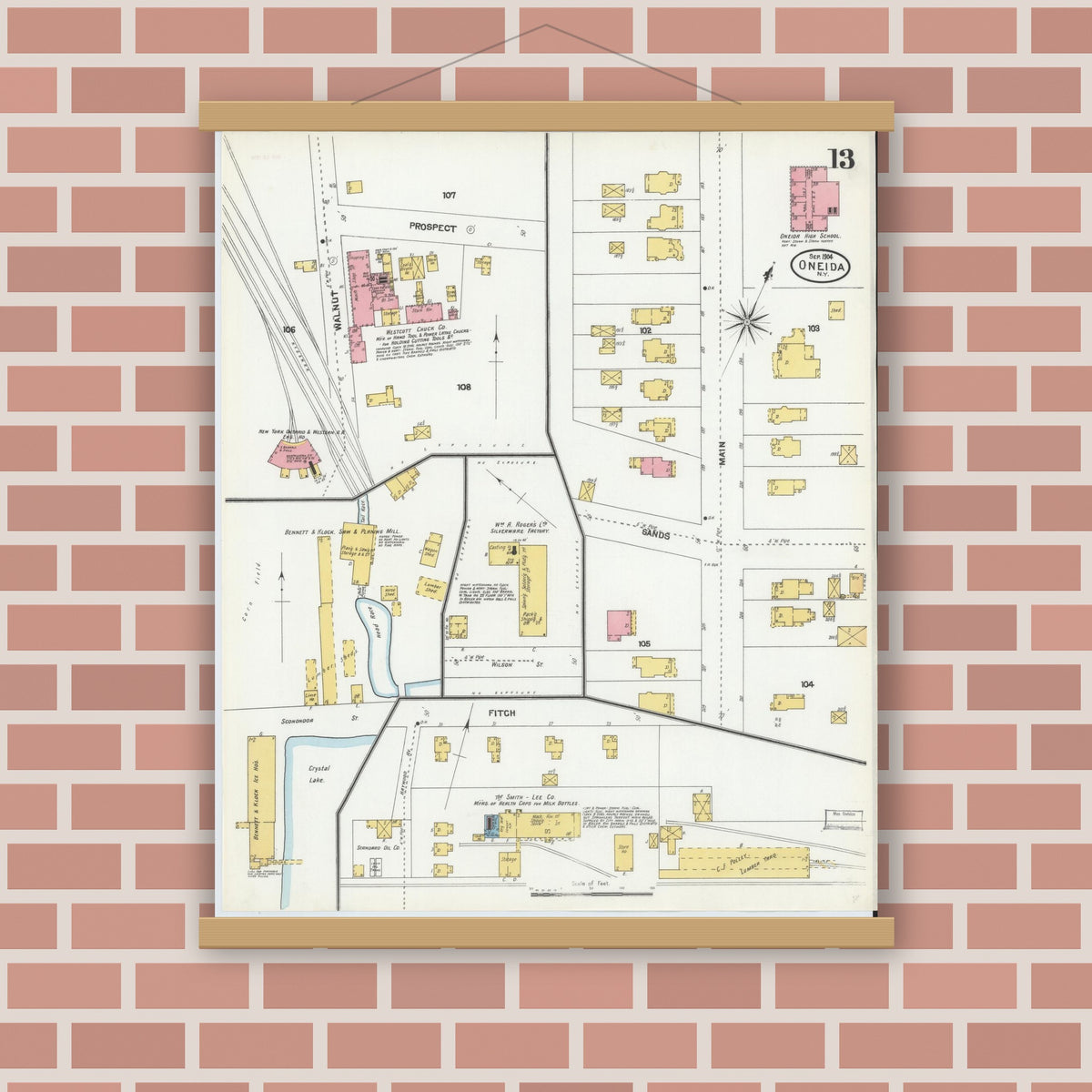 Old map wall art mockup — magnetic wood frame on brick wall — Sanborn Fire Insurance Map from Oneida, Madison County, New York (1904), Sheet #0012