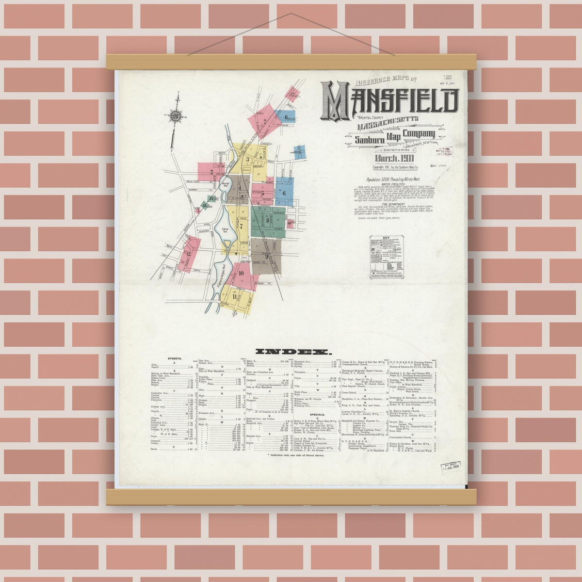 Old map wall art mockup — magnetic wood frame on brick wall — Sanborn Fire Insurance Map from Mansfield, Bristol County, Massachusetts (1911) - Complete Map Set