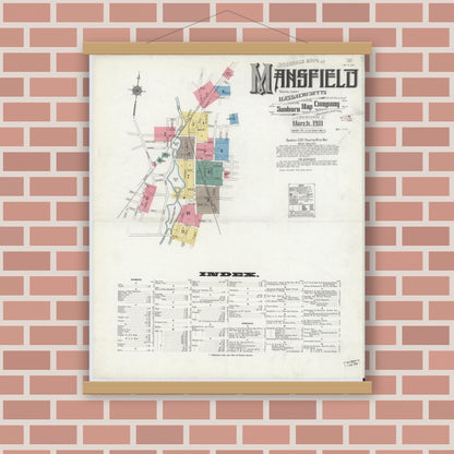 Old map wall art mockup — magnetic wood frame on brick wall — Sanborn Fire Insurance Map from Mansfield, Bristol County, Massachusetts (1911) - Complete Map Set