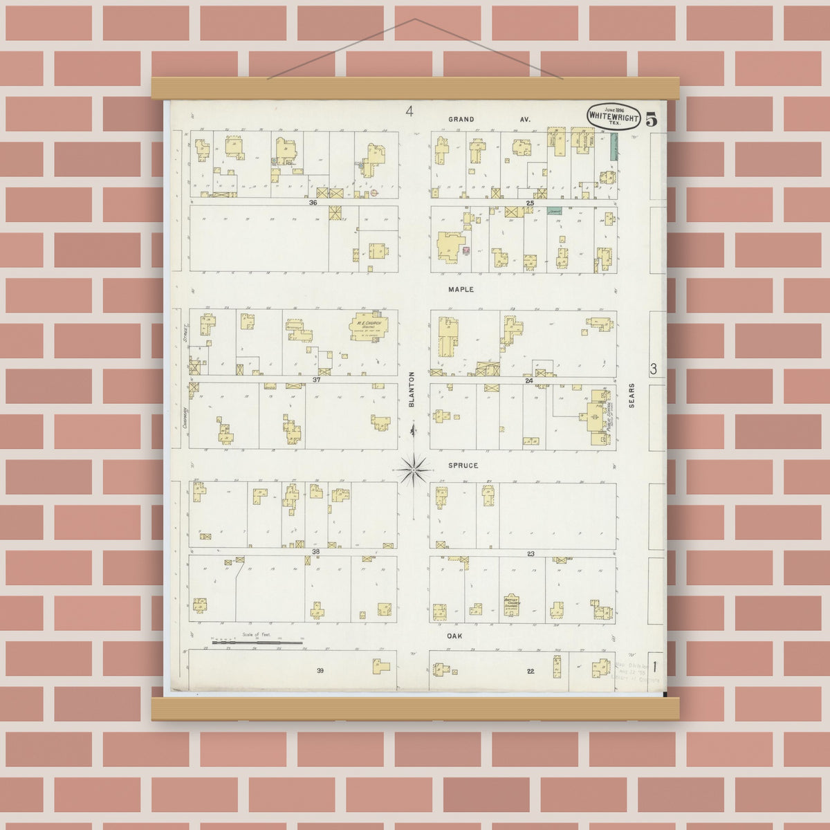 Old map wall art mockup — magnetic wood frame on brick wall — Sanborn Fire Insurance Map from Whitewright, Grayson County, Texas (1896), Sheet #0005
