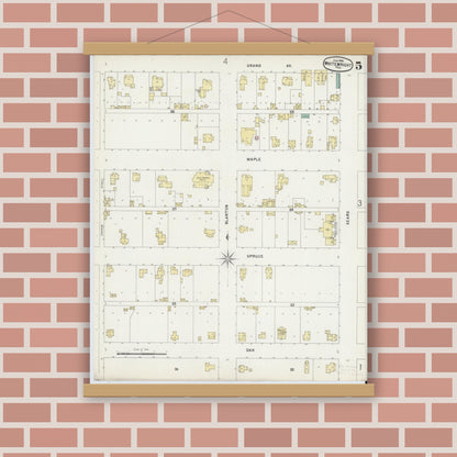 Old map wall art mockup — magnetic wood frame on brick wall — Sanborn Fire Insurance Map from Whitewright, Grayson County, Texas (1896), Sheet #0005