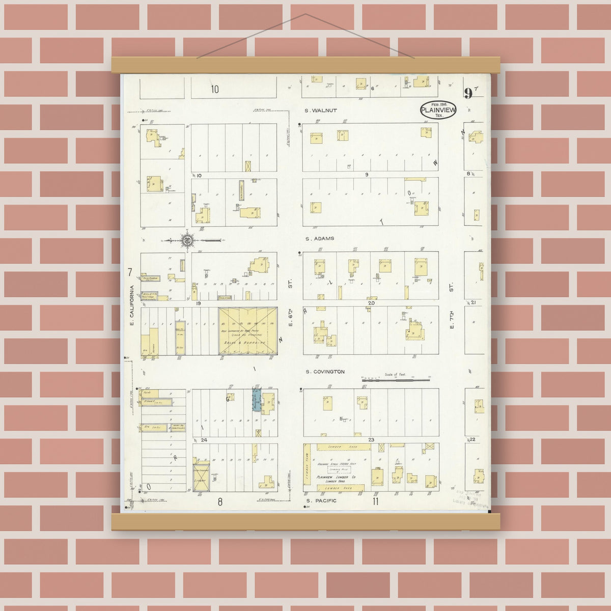Old map wall art mockup — magnetic wood frame on brick wall — Sanborn Fire Insurance Map from Plainview, Hale County, Texas (1914), Sheet #0009