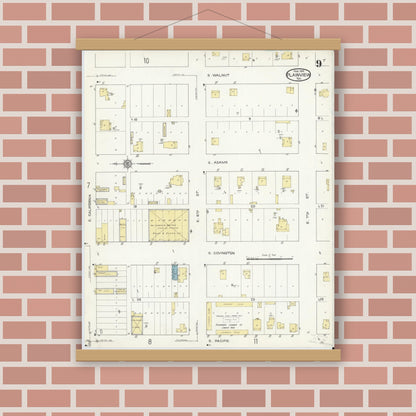 Old map wall art mockup — magnetic wood frame on brick wall — Sanborn Fire Insurance Map from Plainview, Hale County, Texas (1914), Sheet #0009