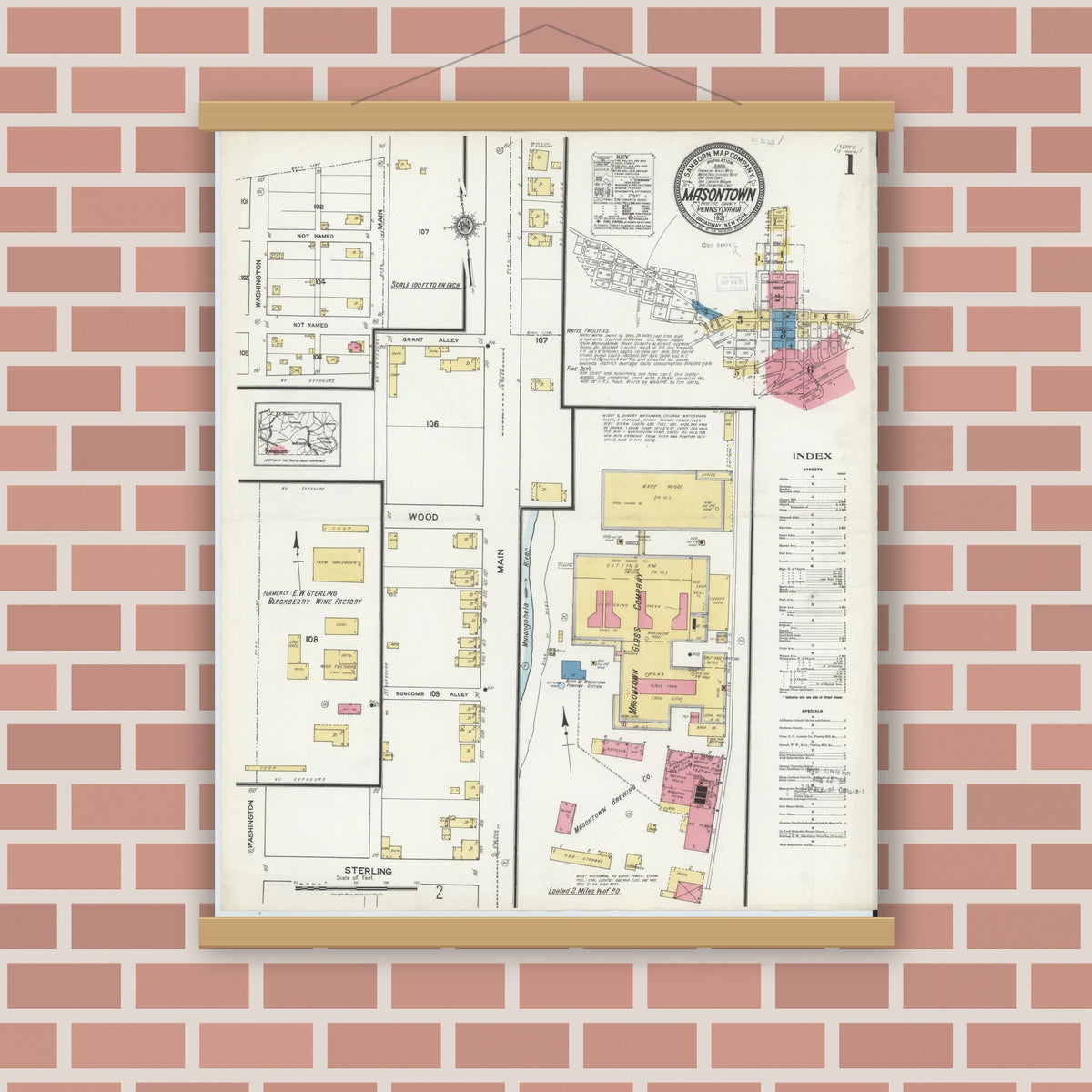 Old map wall art mockup — magnetic wood frame on brick wall — Sanborn Fire Insurance Map from Masontown, Fayette County, Pennsylvania (1921), Sheet #0001