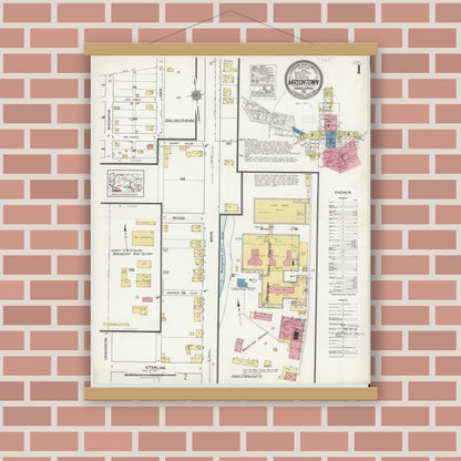Old map wall art mockup — magnetic wood frame on brick wall — Sanborn Fire Insurance Map from Masontown, Fayette County, Pennsylvania (1921), Sheet #0001