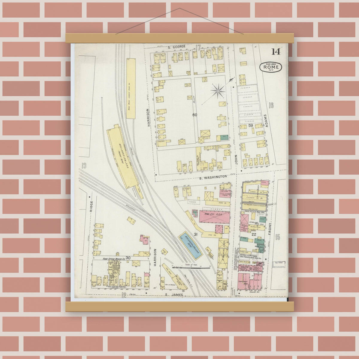 Old map wall art mockup — magnetic wood frame on brick wall — Sanborn Fire Insurance Map from Rome, Oneida County, New York (1894), Sheet #0014