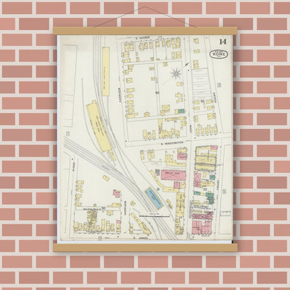 Old map wall art mockup — magnetic wood frame on brick wall — Sanborn Fire Insurance Map from Rome, Oneida County, New York (1894), Sheet #0014