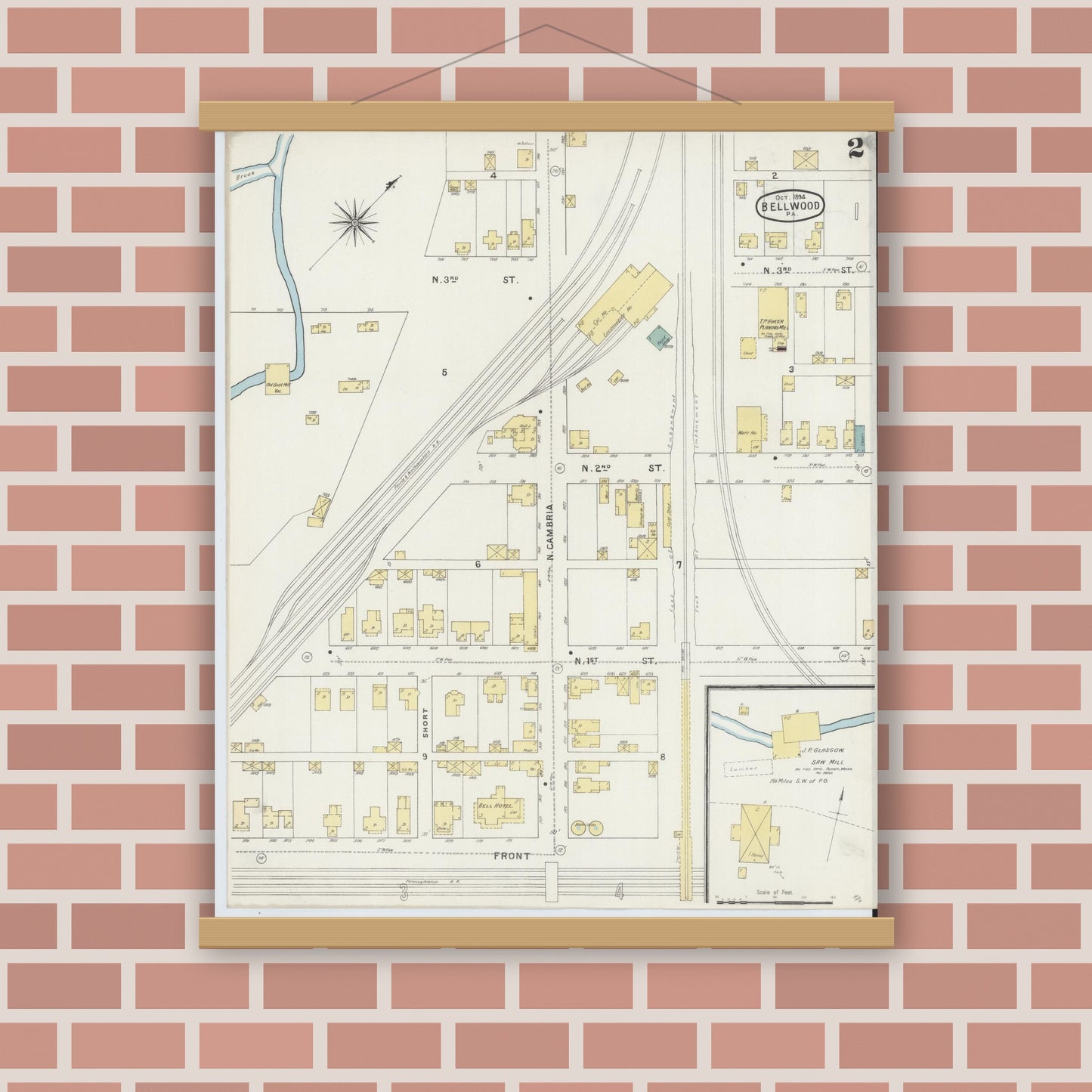Old map wall art mockup — magnetic wood frame on brick wall — Sanborn Fire Insurance Map from Bellwood, Blair County, Pennsylvania (1894), Sheet #0002