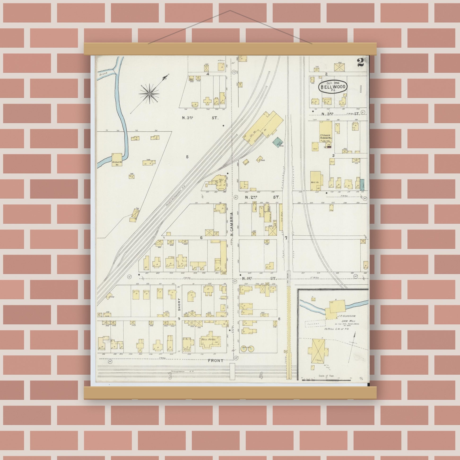 Old map wall art mockup — magnetic wood frame on brick wall — Sanborn Fire Insurance Map from Bellwood, Blair County, Pennsylvania (1894), Sheet #0002