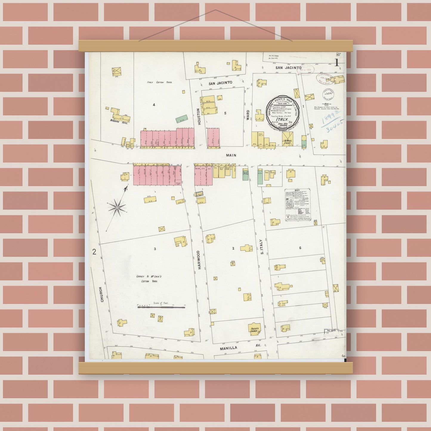 Old map wall art mockup — magnetic wood frame on brick wall — Sanborn Fire Insurance Map from Italy, Ellis County, Texas (1899) - Complete Map Set