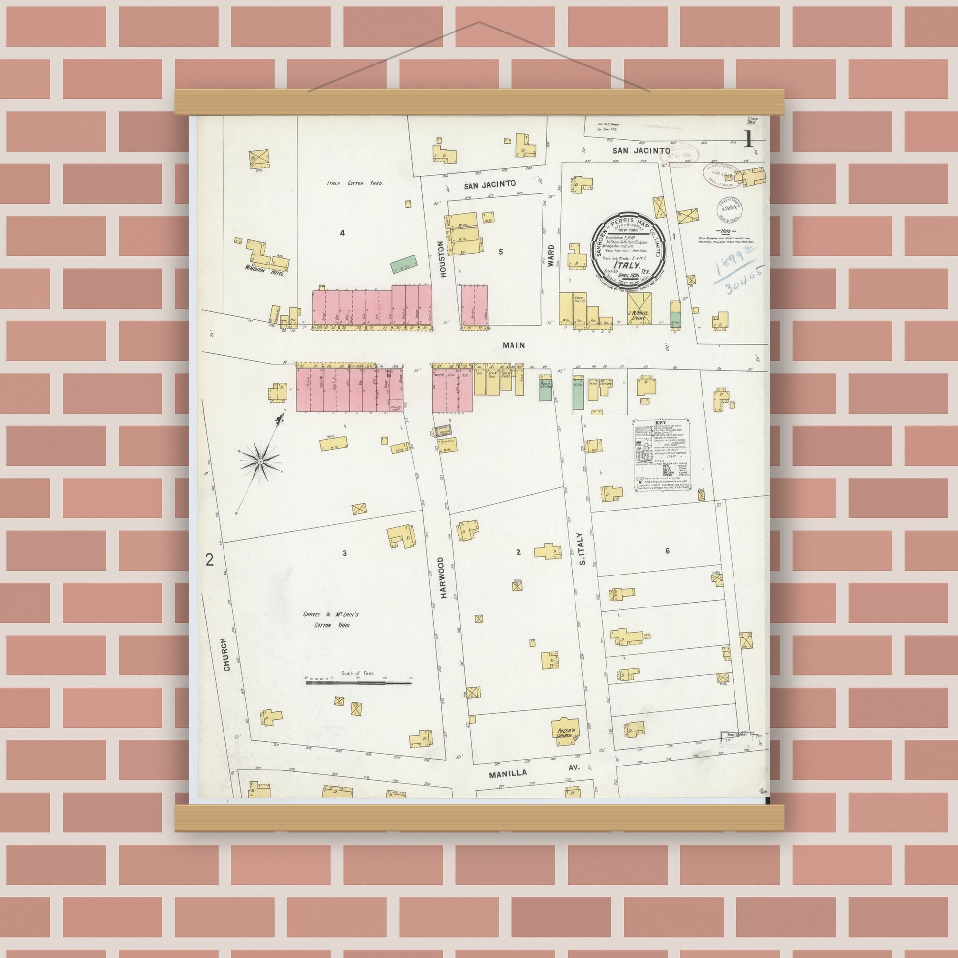 Old map wall art mockup — magnetic wood frame on brick wall — Sanborn Fire Insurance Map from Italy, Ellis County, Texas (1899) - Complete Map Set