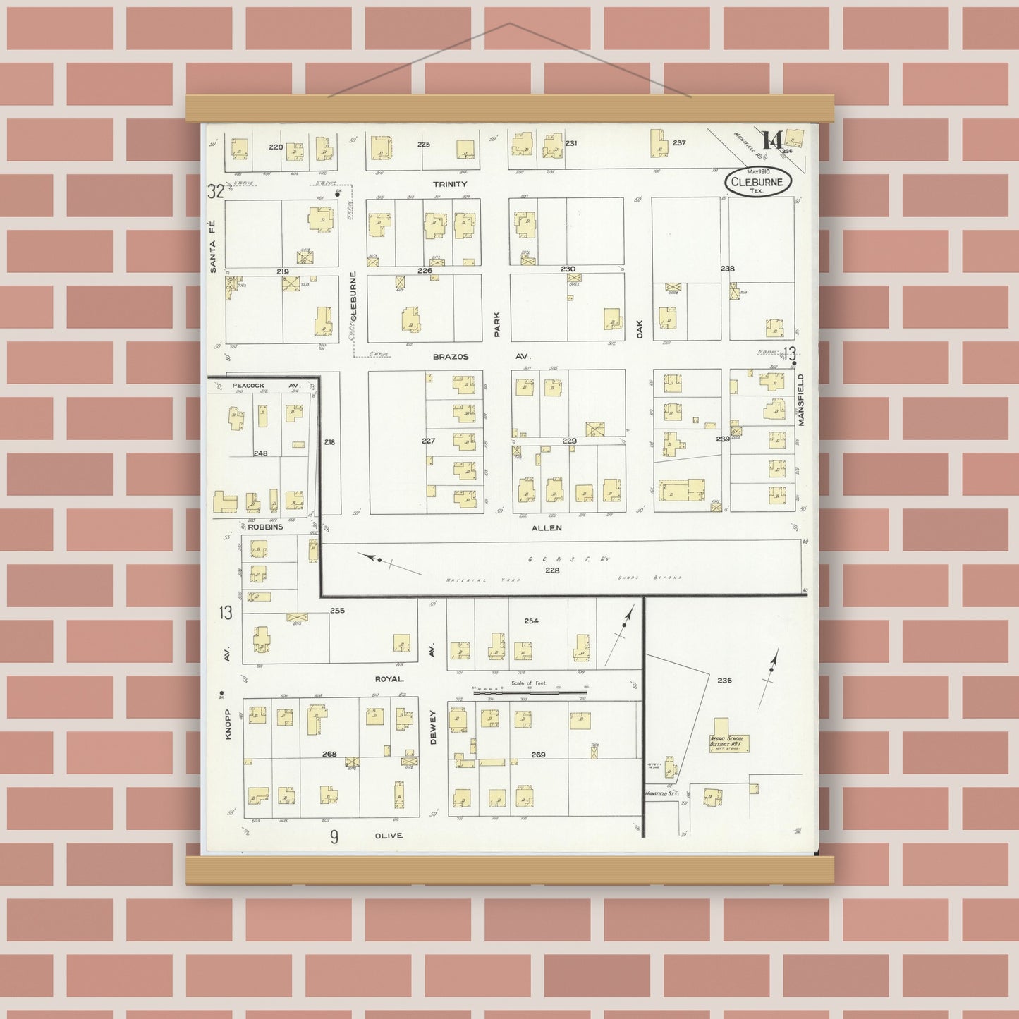 Old map wall art mockup — magnetic wood frame on brick wall — Sanborn Fire Insurance Map from Cleburne, Johnson County, Texas (1910), Sheet #0014