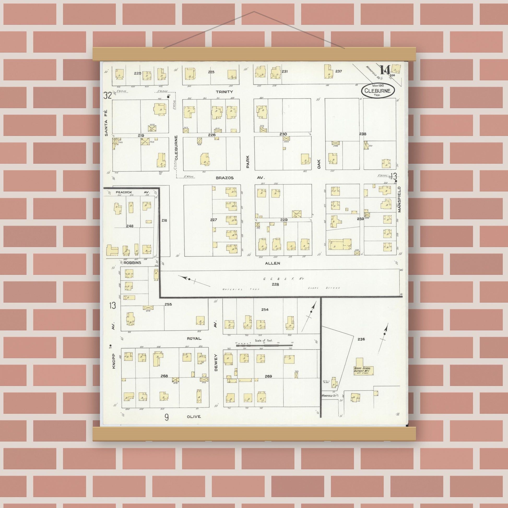 Old map wall art mockup — magnetic wood frame on brick wall — Sanborn Fire Insurance Map from Cleburne, Johnson County, Texas (1910), Sheet #0014