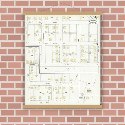 Old map wall art mockup — magnetic wood frame on brick wall — Sanborn Fire Insurance Map from Cleburne, Johnson County, Texas (1910), Sheet #0014
