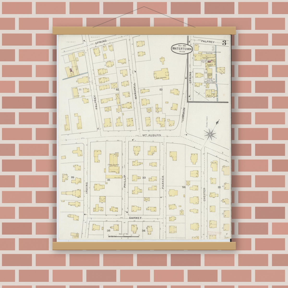 Old map wall art mockup — magnetic wood frame on brick wall — Sanborn Fire Insurance Map from Watertown, Middlesex County, Massachusetts (1894), Sheet #0003