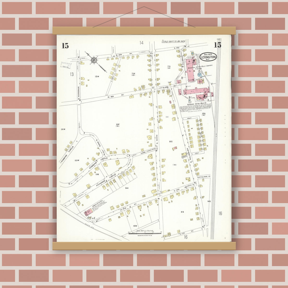 Old map wall art mockup — magnetic wood frame on brick wall — Sanborn Fire Insurance Map from Lexington, Davidson County, North Carolina (1923), Sheet #0015
